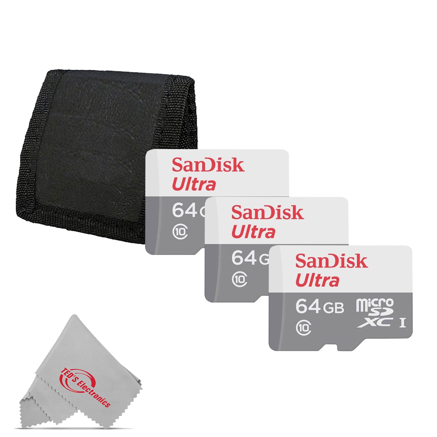 3x SanDisk Ultra 64GB microSDXC Memory Card UHS-1 Upto 100 MB/s Class 10 + Card Wallet