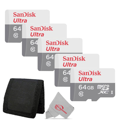5x SanDisk Ultra 64GB microSDXC Memory Card UHS-1 Upto 100 MB/s Class 10 + Card Wallet