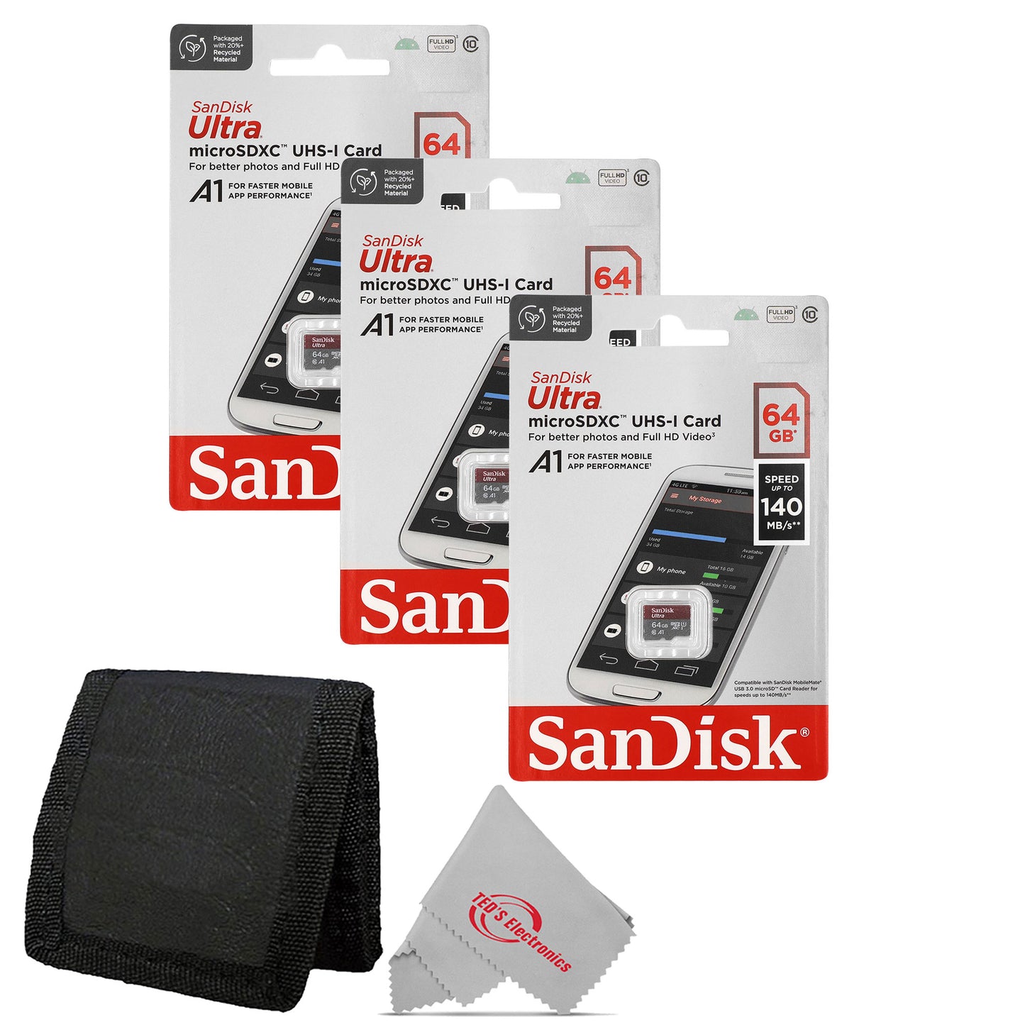 3x Sandisk Ultra microSD 64 GB 140MB/s Memory Card + Card Wallet