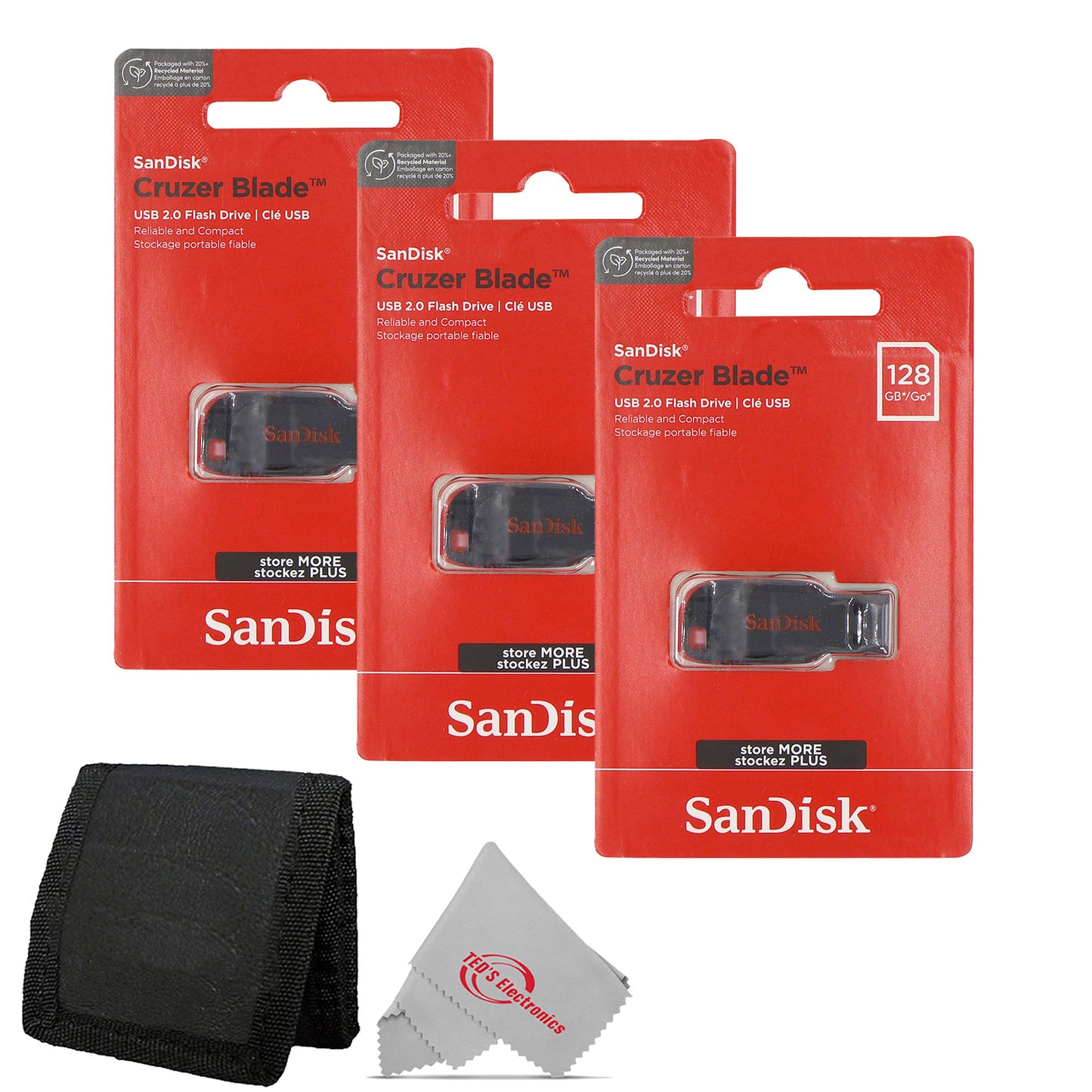 3x SanDisk Cruzer Blade USB Flash Drive - 128GB (Red) + Card Wallet
