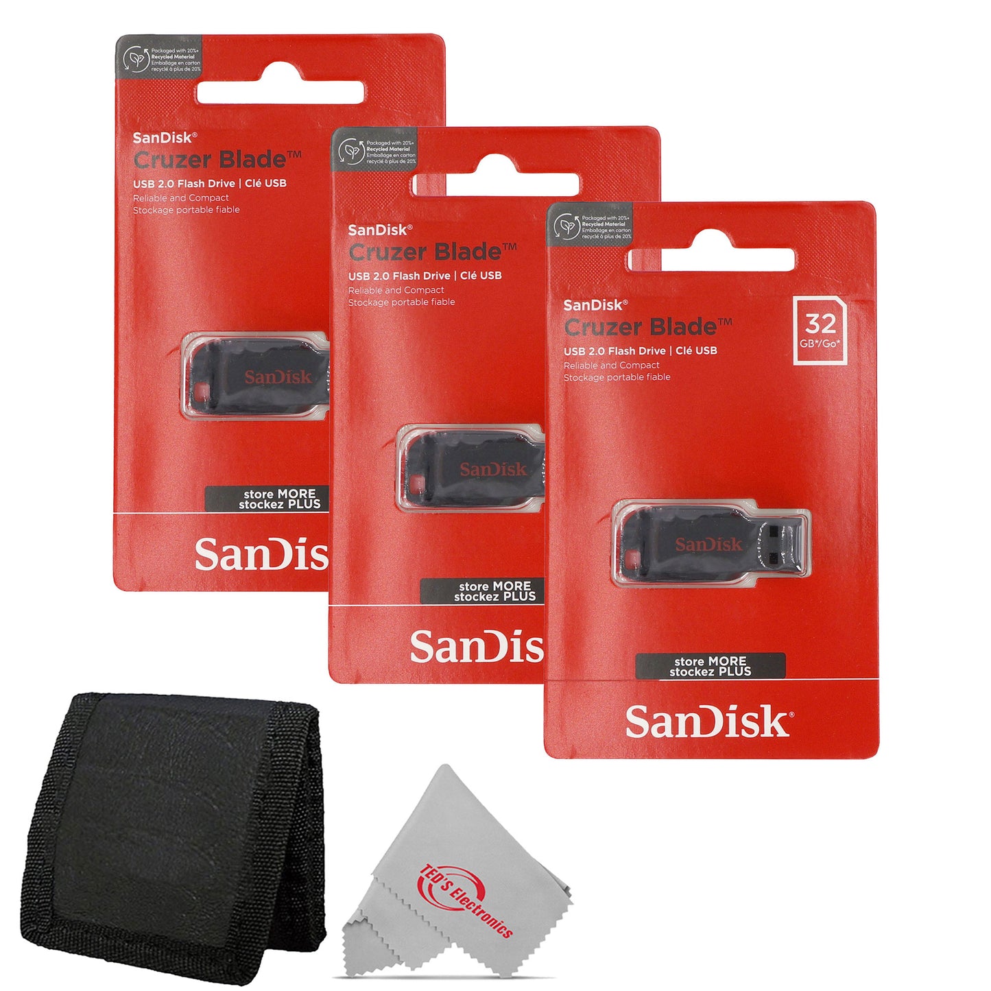 3x SanDisk Cruzer Blade USB Flash Drive - 32GB (Red) + Card Wallet