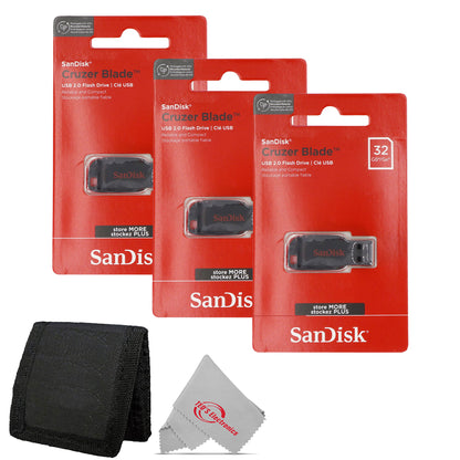 3x SanDisk Cruzer Blade USB Flash Drive - 32GB (Red) + Card Wallet