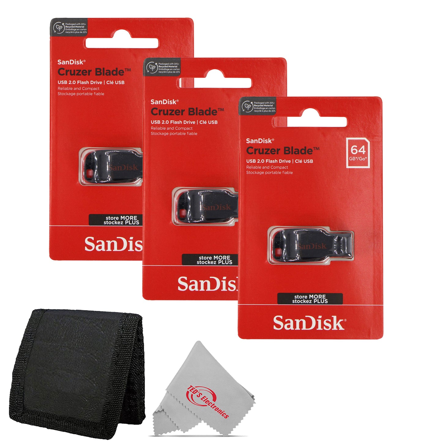 3x SanDisk Cruzer Blade USB Flash Drive - 64GB (Red) + Card Wallet