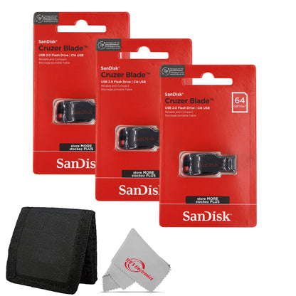 3x SanDisk Cruzer Blade USB Flash Drive - 64GB (Red) + Card Wallet