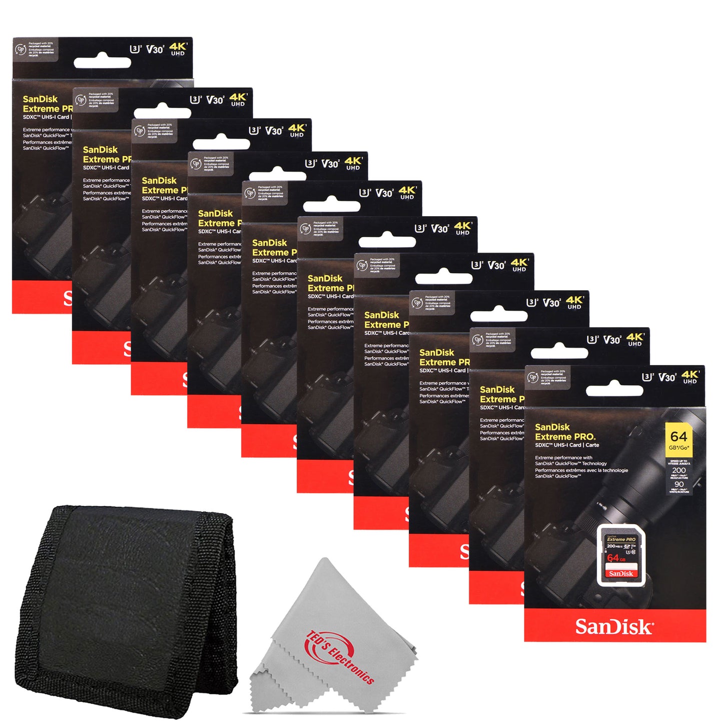 10x Sandisk 64GB Extreme PRO SDXC UHS-I Memory Card + Card Wallet