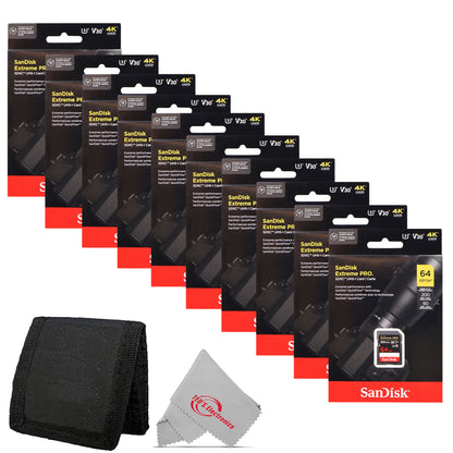 10x Sandisk 64GB Extreme PRO SDXC UHS-I Memory Card + Card Wallet