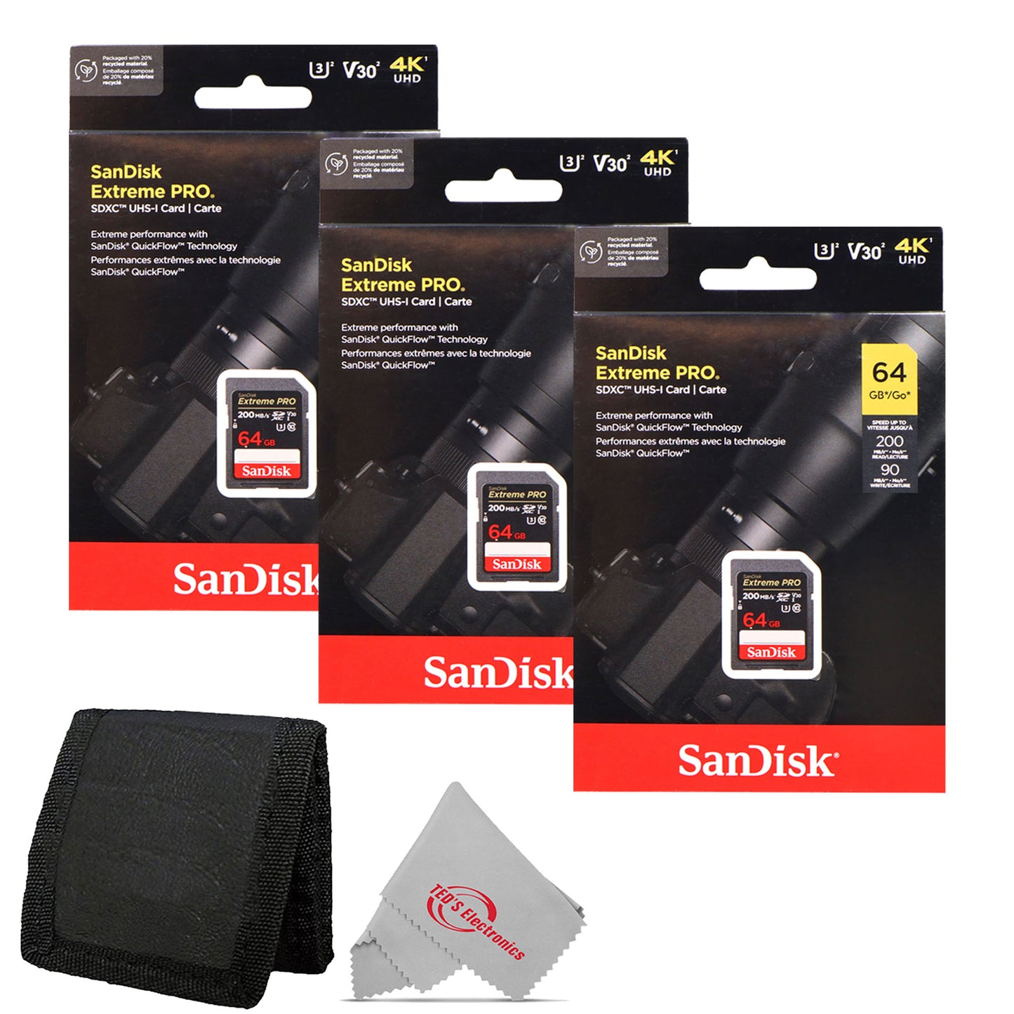 3x Sandisk 64GB Extreme PRO SDXC UHS-I Memory Card + Card Wallet