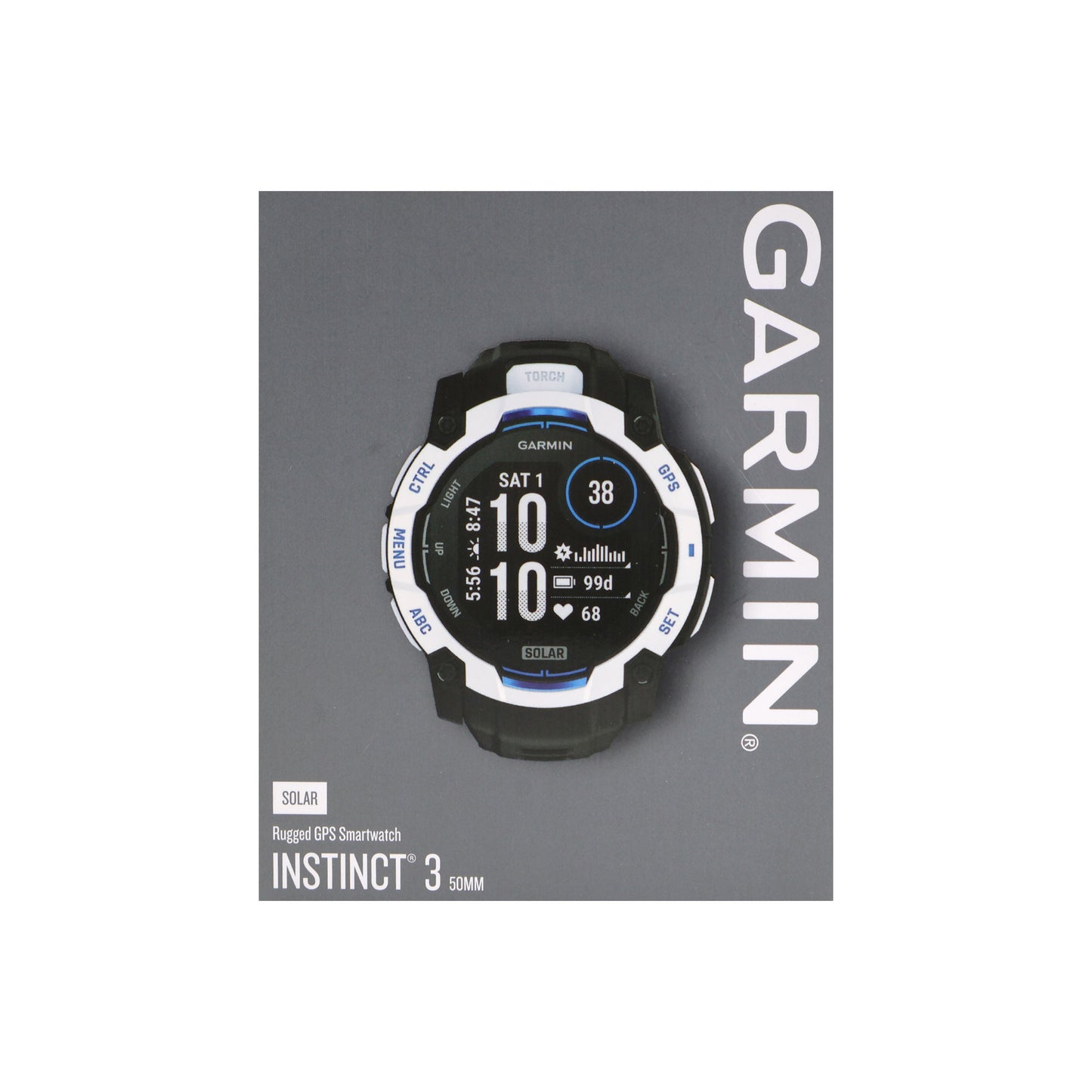 Garmin Instinct 3 Solar Rugged Outdoor GPS Smartwatch â€“ 50 mm, Silicone Band (Whitestone with Black/Bolt Blue)