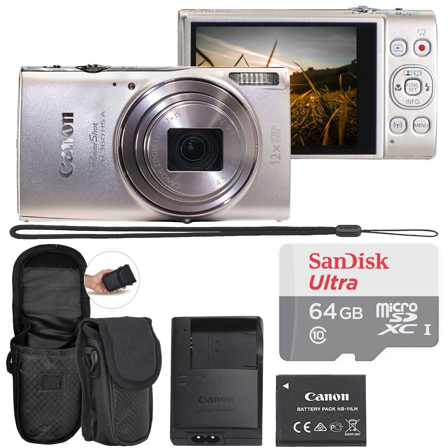 Canon PowerShot ELPH 360 HS A Digital Camera (Silver) with SanDisk Ultra 64GB microSDXC Card and Compact Protective Camera Case