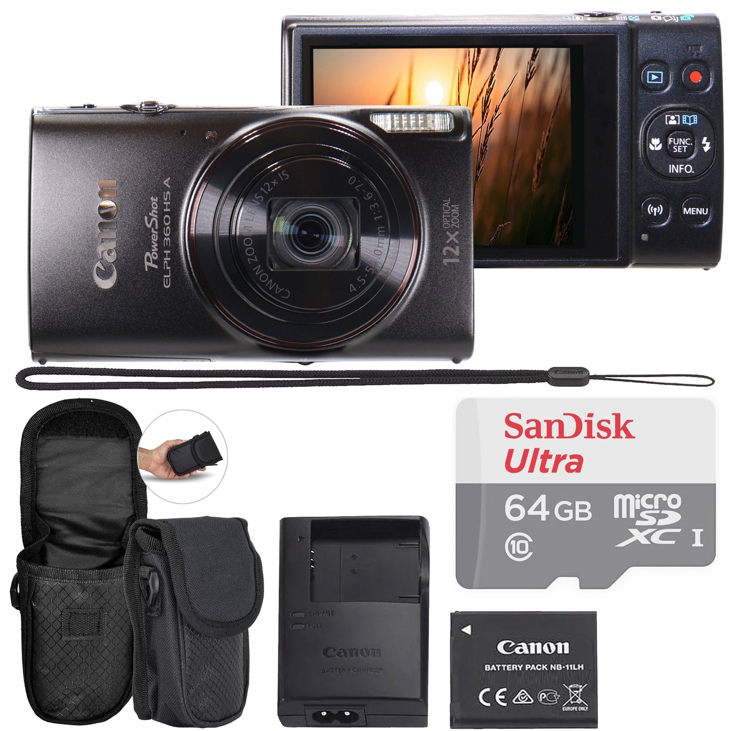 Canon PowerShot ELPH 360 HS A Digital Camera (Black) with SanDisk Ultra 64GB microSDXC Card and Compact Protective Camera Case