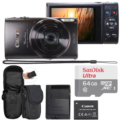 Canon PowerShot ELPH 360 HS A Digital Camera (Black) with SanDisk Ultra 64GB microSDXC Card and Compact Protective Camera Case