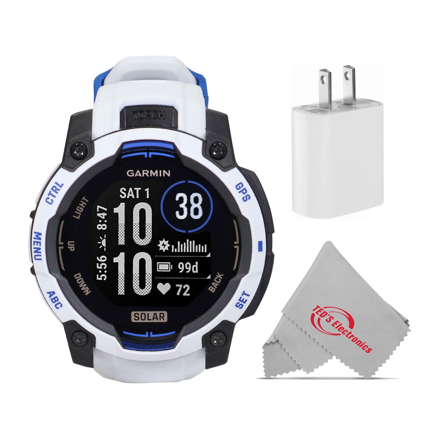 Garmin Instinct 3 Solar GPS Smartwatch 45 mm, Silicone Band (Whitestone with Whitestone/Bolt Blue) Bundle