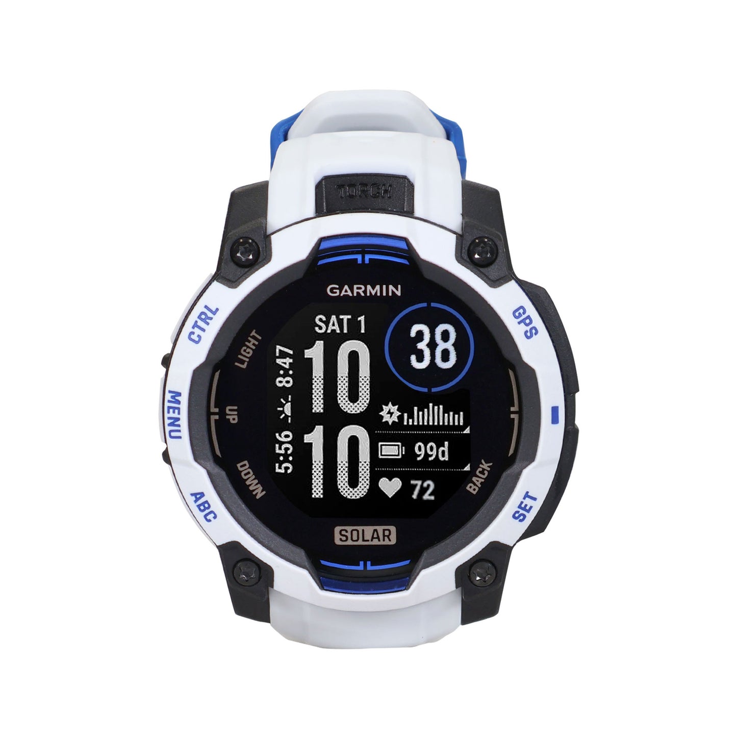 Garmin Instinct 3 Solar GPS Smartwatch 45 mm, Silicone Band (Whitestone with Whitestone/Bolt Blue) Bundle