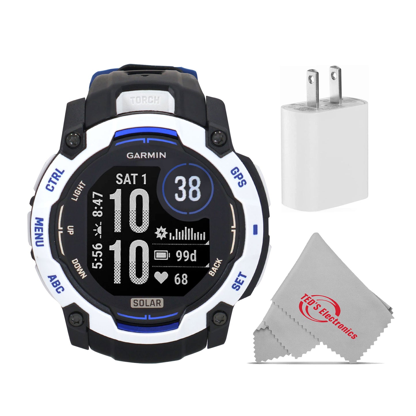 Garmin Instinct 3 Solar Rugged Outdoor GPS Smartwatch – 50 mm, Silicone Band (Whitestone with Black/Bolt Blue) Bundle
