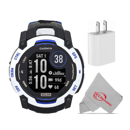 Garmin Instinct 3 Solar Rugged Outdoor GPS Smartwatch – 50 mm, Silicone Band (Whitestone with Black/Bolt Blue) Bundle