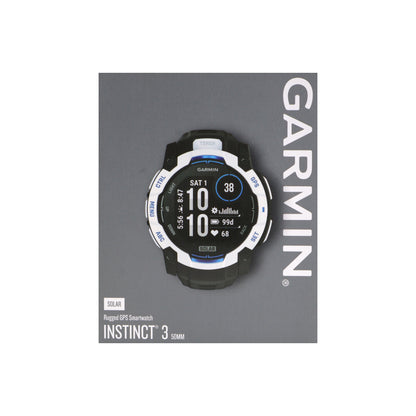 Garmin Instinct 3 Solar Rugged Outdoor GPS Smartwatch – 50 mm, Silicone Band (Whitestone with Black/Bolt Blue) Bundle
