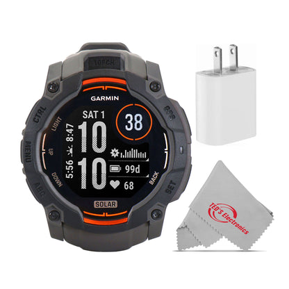 Garmin Instinct 3 Solar Rugged Outdoor GPS Smartwatch - 50mm, Silicone Band (Charcoal) Bundle