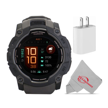 Garmin Instinct 3 AMOLED Rugged Outdoor GPS Smartwatch - 50mm, Silicone Band (Charcoal) Bundle