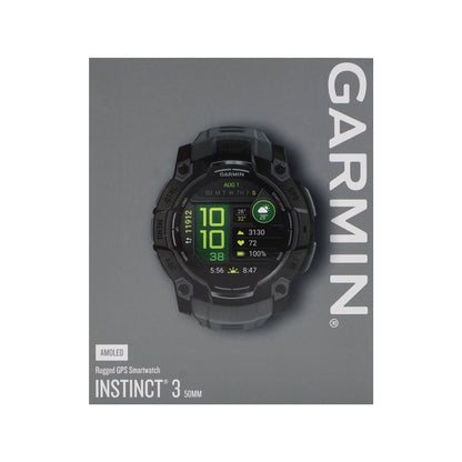 Garmin Instinct 3 AMOLED Rugged Outdoor GPS Smartwatch - 50mm, Silicone Band (Charcoal) Bundle