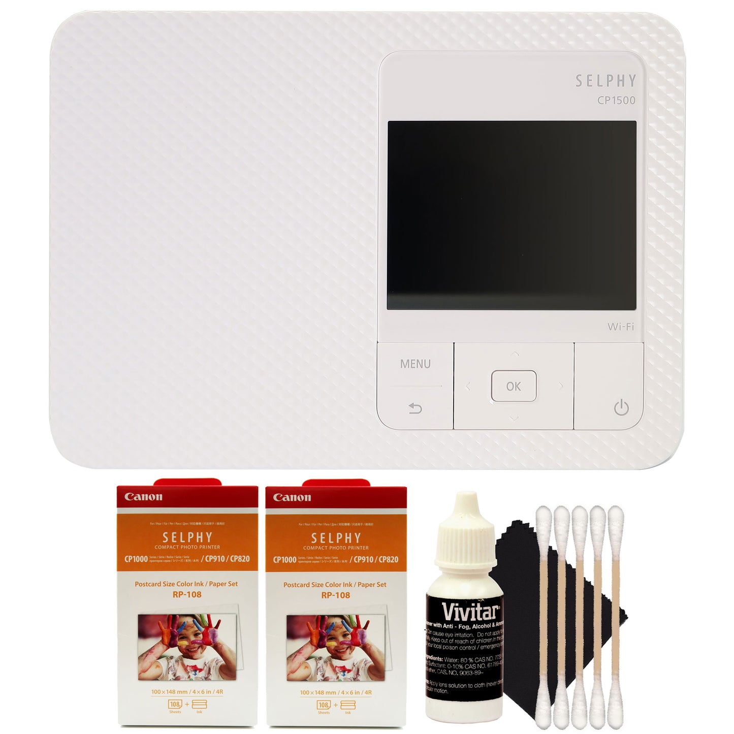 Canon SELPHY CP1500 Compact Photo Printer (White) with 2x Canon RP-108 High-Capacity Color Ink, Paper Set and Cleaning Kit