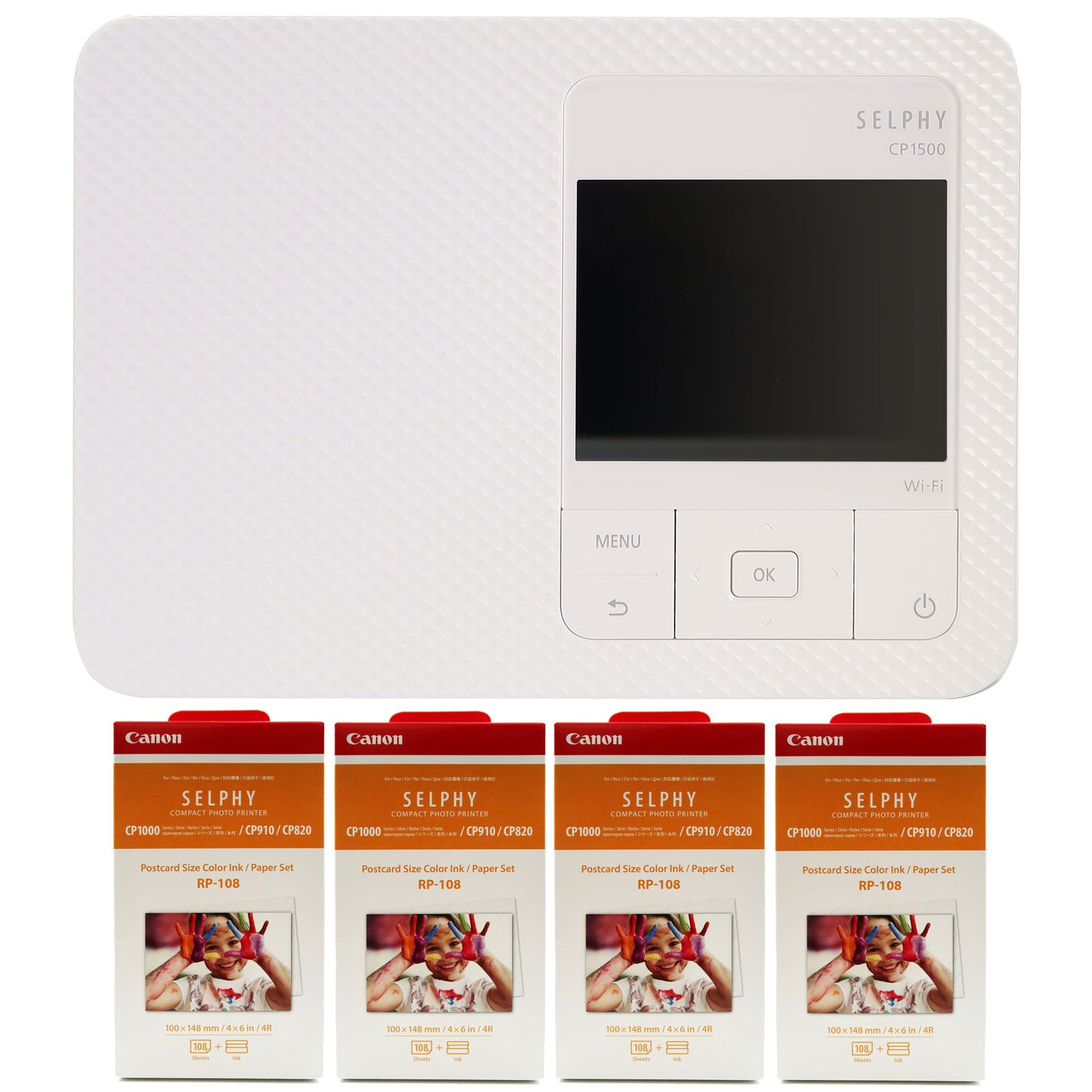 Canon SELPHY CP1500 Compact Photo Printer (White) with 4x Canon RP-108 High-Capacity Color Ink and Paper Set