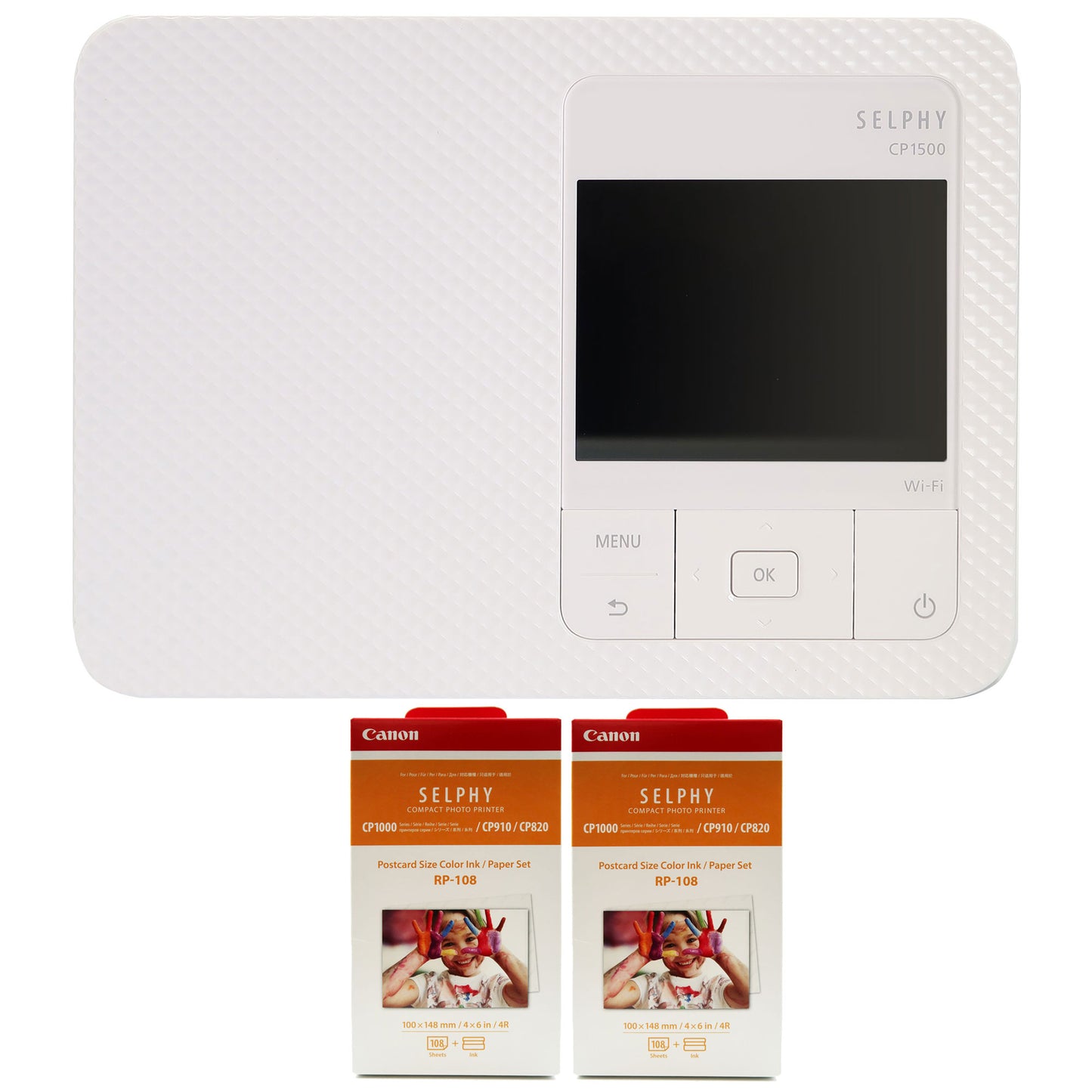 Canon SELPHY CP1500 Compact Photo Printer (White) with 2x Canon RP-108 High-Capacity Color Ink and Paper Set
