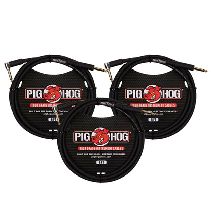 3 Unit Pig Hog 6ft 1/4" - 1/4" Right Angle 8mm Instrument Cable