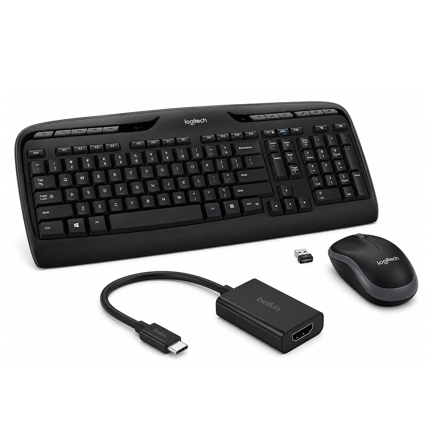 Logitech MK320 Full-Size Wireless Keyboard and Mouse Combo + USB-C to HDMI Adapter 4K 60Hz Converter
