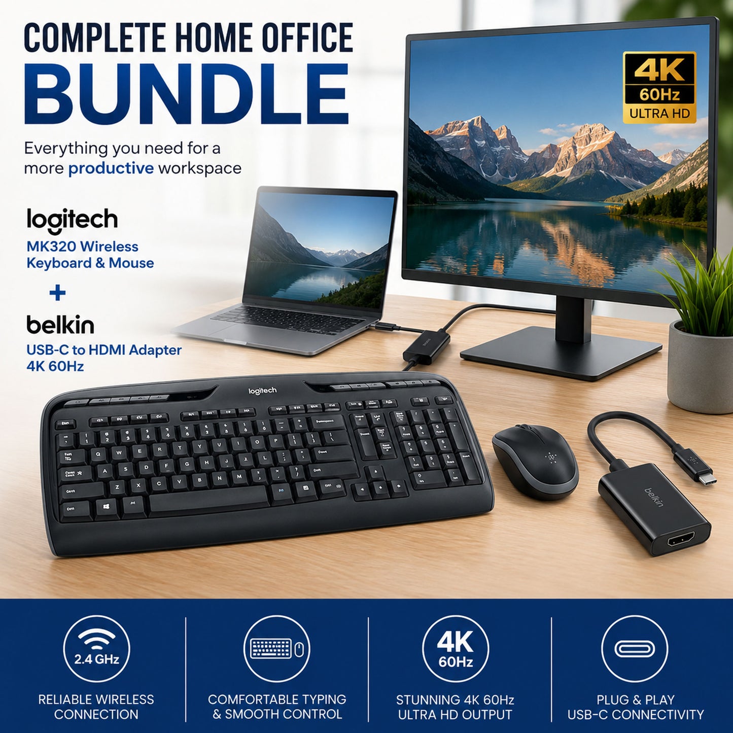 Logitech MK320 Full-Size Wireless Keyboard and Mouse Combo + USB-C to HDMI Adapter 4K 60Hz Converter