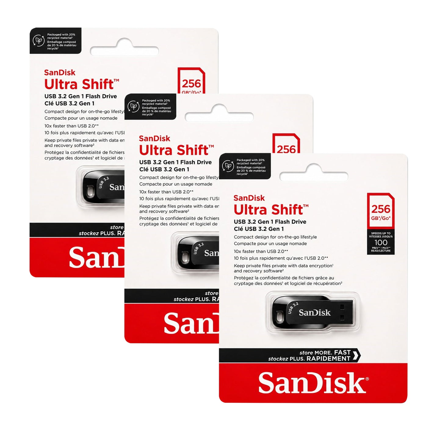 3 Unit SanDisk Ultra Shift USB 3.2 Gen 1 Flash Drive - 256GB