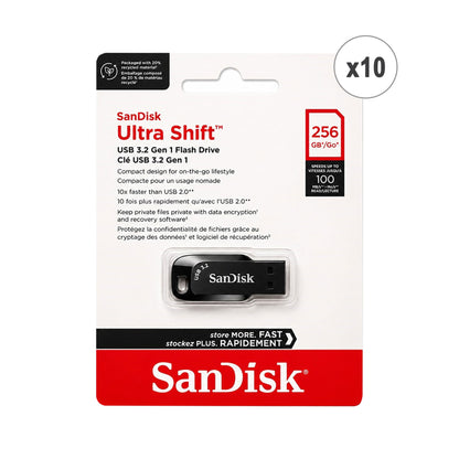 10 Unit SanDisk Ultra Shift USB 3.2 Gen 1 Flash Drive - 256GB