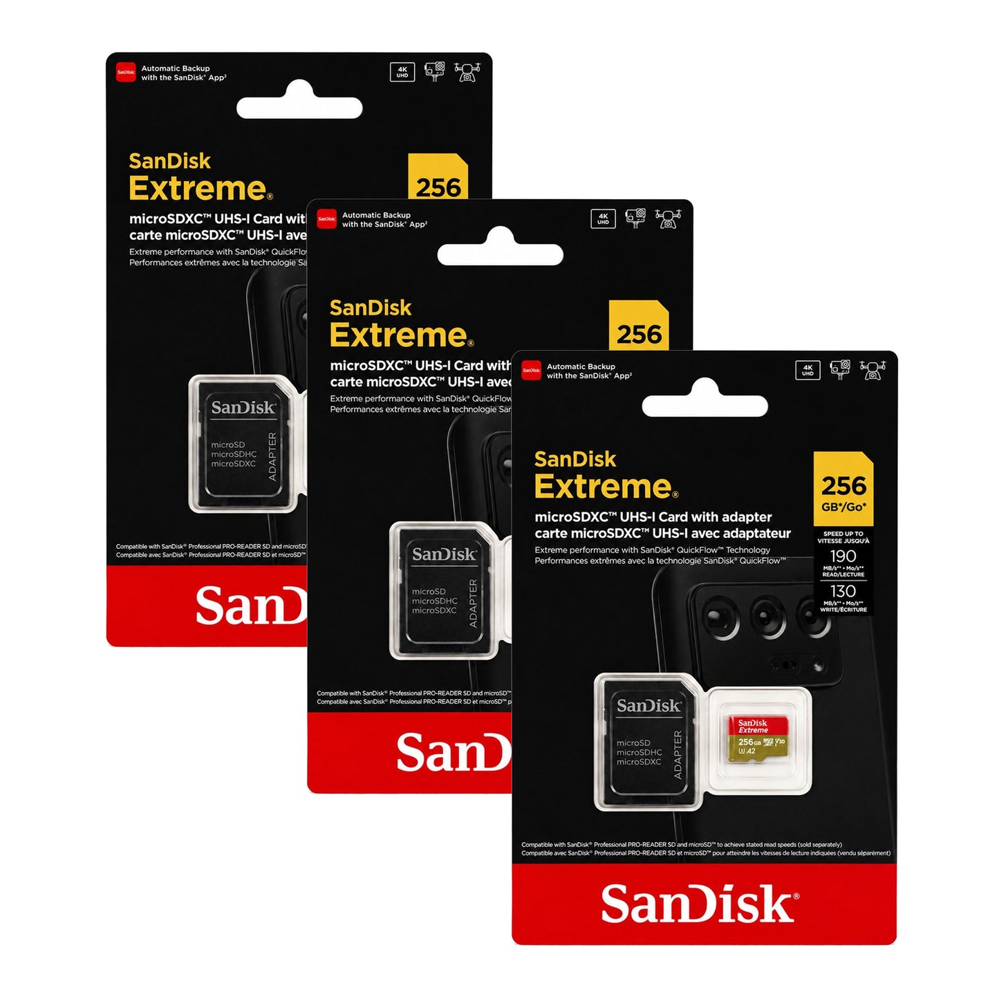 SanDisk Extreme microSDXC UHS-I 256GB Memory Card with Adapter 3-Pack