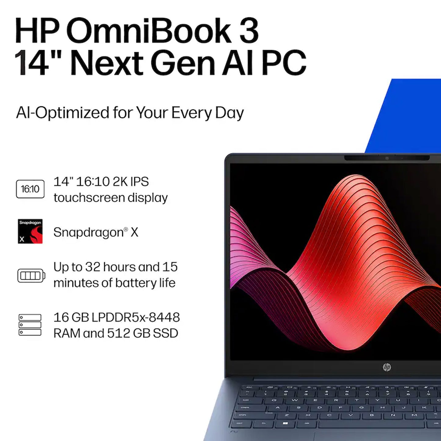 HP OmniBook 3 14" 2K Touchscreen Laptop - Snapdragon X - 16GB Memory, 512GB SSD (Starlit Blue)