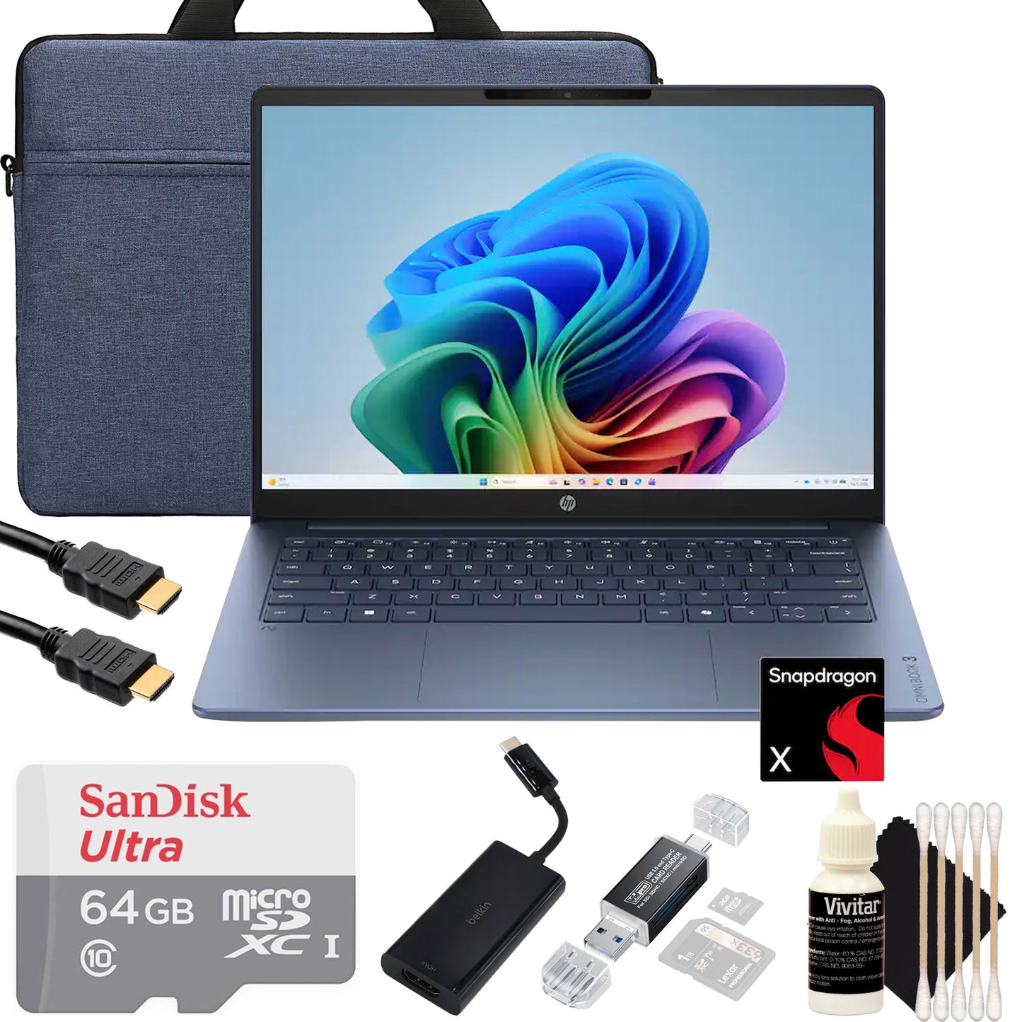 HP OmniBook 3 14" 2K Touchscreen Laptop - Snapdragon X - 16GB Memory, 512GB SSD (Starlit Blue) Accessory Bundle