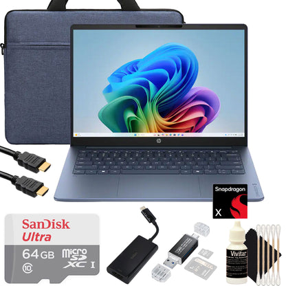 HP OmniBook 3 14" 2K Touchscreen Laptop - Snapdragon X - 16GB Memory, 512GB SSD (Starlit Blue) Accessory Bundle