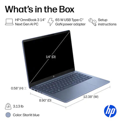 HP OmniBook 3 14" 2K Touchscreen Laptop - 16GB Memory, 512GB SSD (Starlit Blue) with Bag and 64GB microSDXC Card