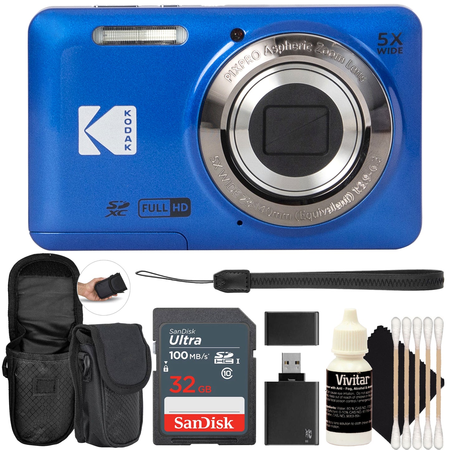 Kodak PIXPRO FZ55 16MP Digital Camera - Blue Essential Bundle