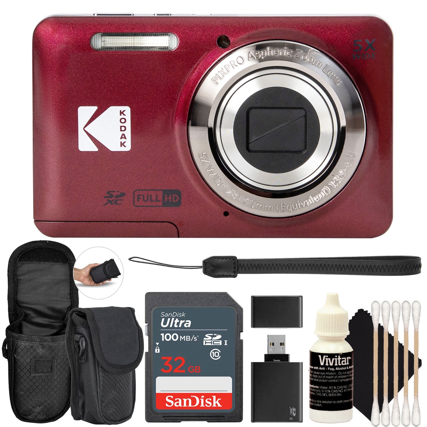 Kodak PIXPRO FZ55 16MP Digital Camera - Red Essential Bundle