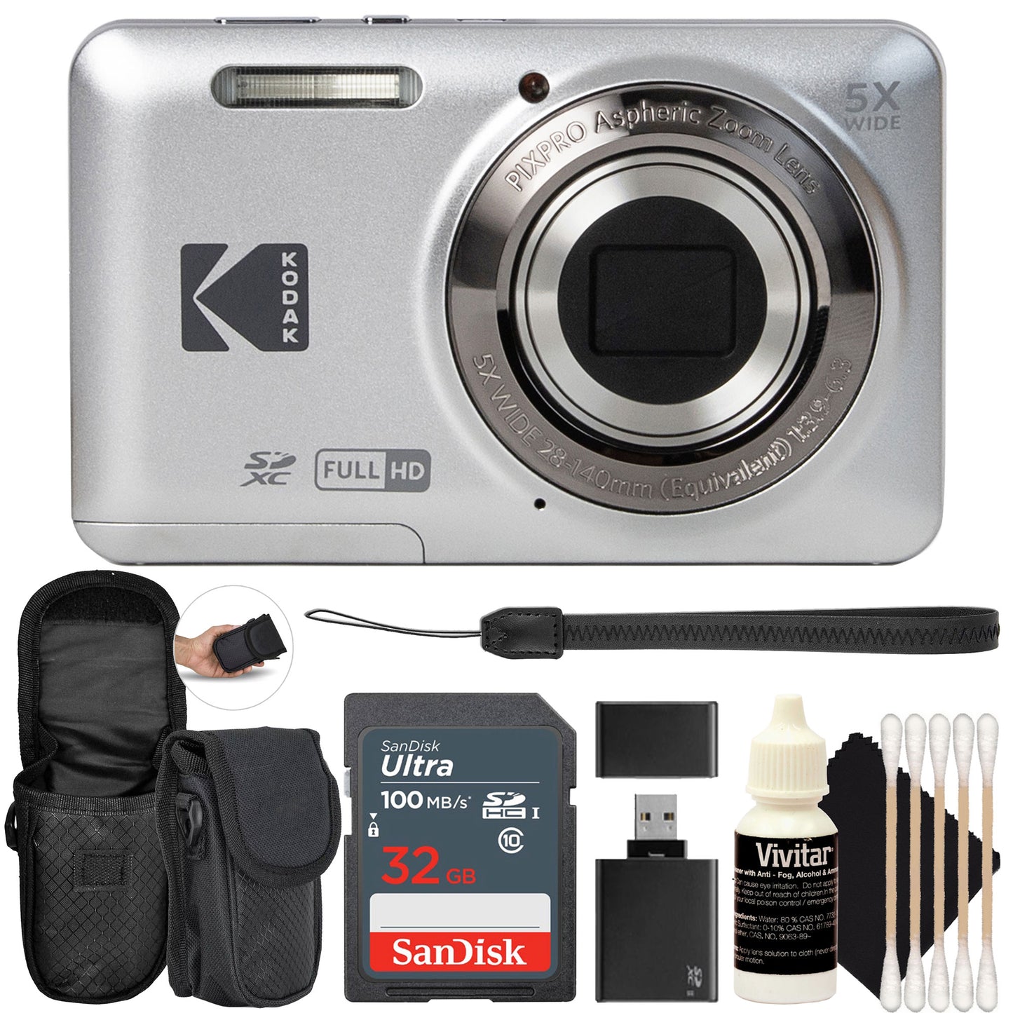 Kodak PIXPRO FZ55 16MP Digital Camera - Silver Essential Bundle