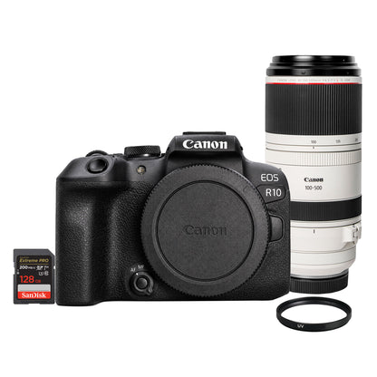 Canon EOS R10 Mirrorless Camera with RF 100-500mm F4.5-7.1 L IS USM Lens + Extreme Pro 128GB Card, 77mm UV Filter