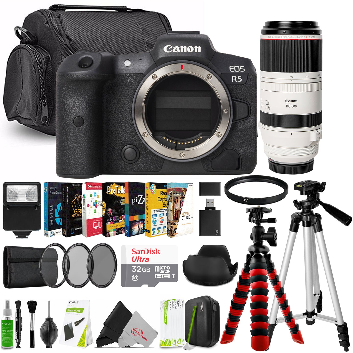 Canon EOS R5 Mirrorless Camera - Black with RF 100-500mm F4.5-7.1 L IS USM Lens Deluxe Accessory Bundle