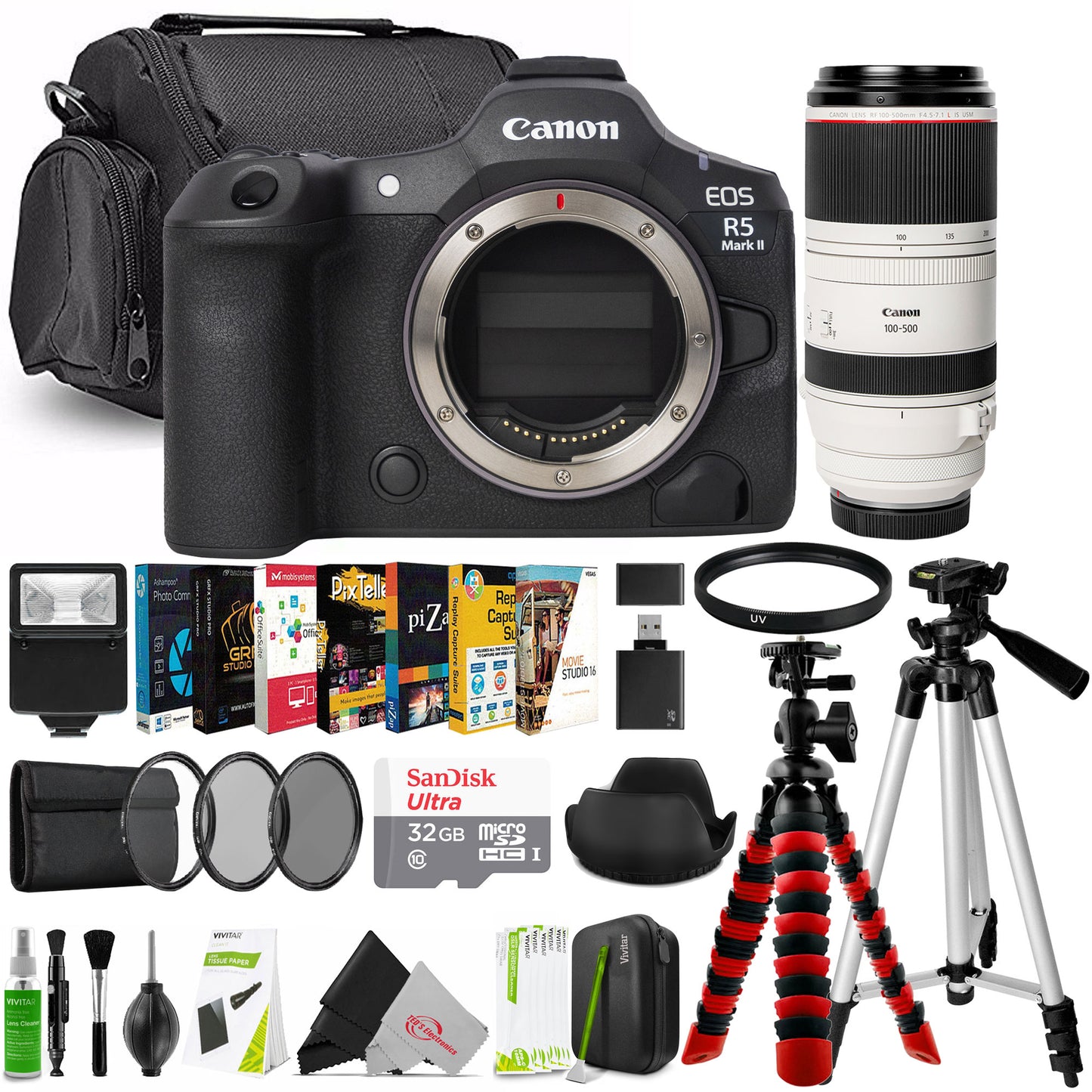 Canon EOS R5 Mark II Mirrorless Camera - Black with RF 100-500mm F4.5-7.1 L IS USM Lens Deluxe Accessory Bundle