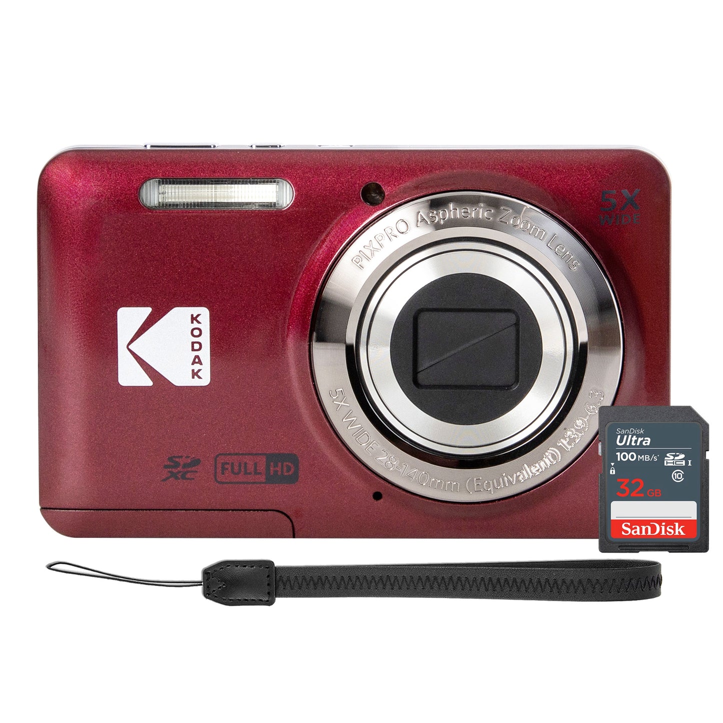 Kodak PIXPRO FZ55 16MP Digital Camera Red with SanDisk 32GB SDHC Ultra Memory Card