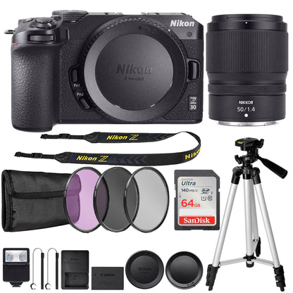 Nikon Z 30 Mirrorless Camera Body Only (Black) + Nikon NIKKOR Z 50mm f/1.4 Lens (Nikon Z Mount) + 64GB Memory Card + Filter Kit (3pc) + Tripod + Slave Flash + Lens Cap Holder (x2) + UV CPL ND8 Filter Kit