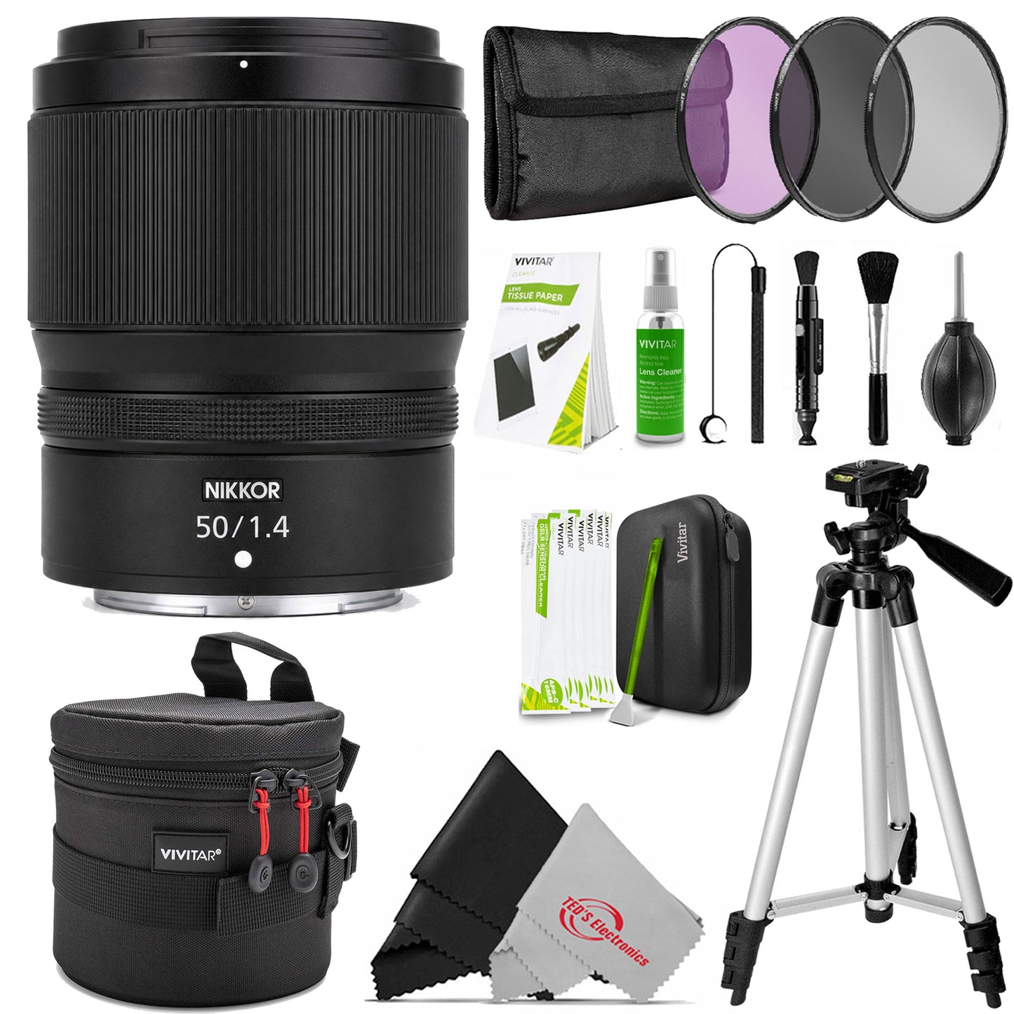 Nikon NIKKOR Z 50mm f/1.4 Lens (Nikon Z Mount) + 3pc Filter Kit + Lens Cap Holder (x2) + Slave Flash + Professional Tripod + Lens Case