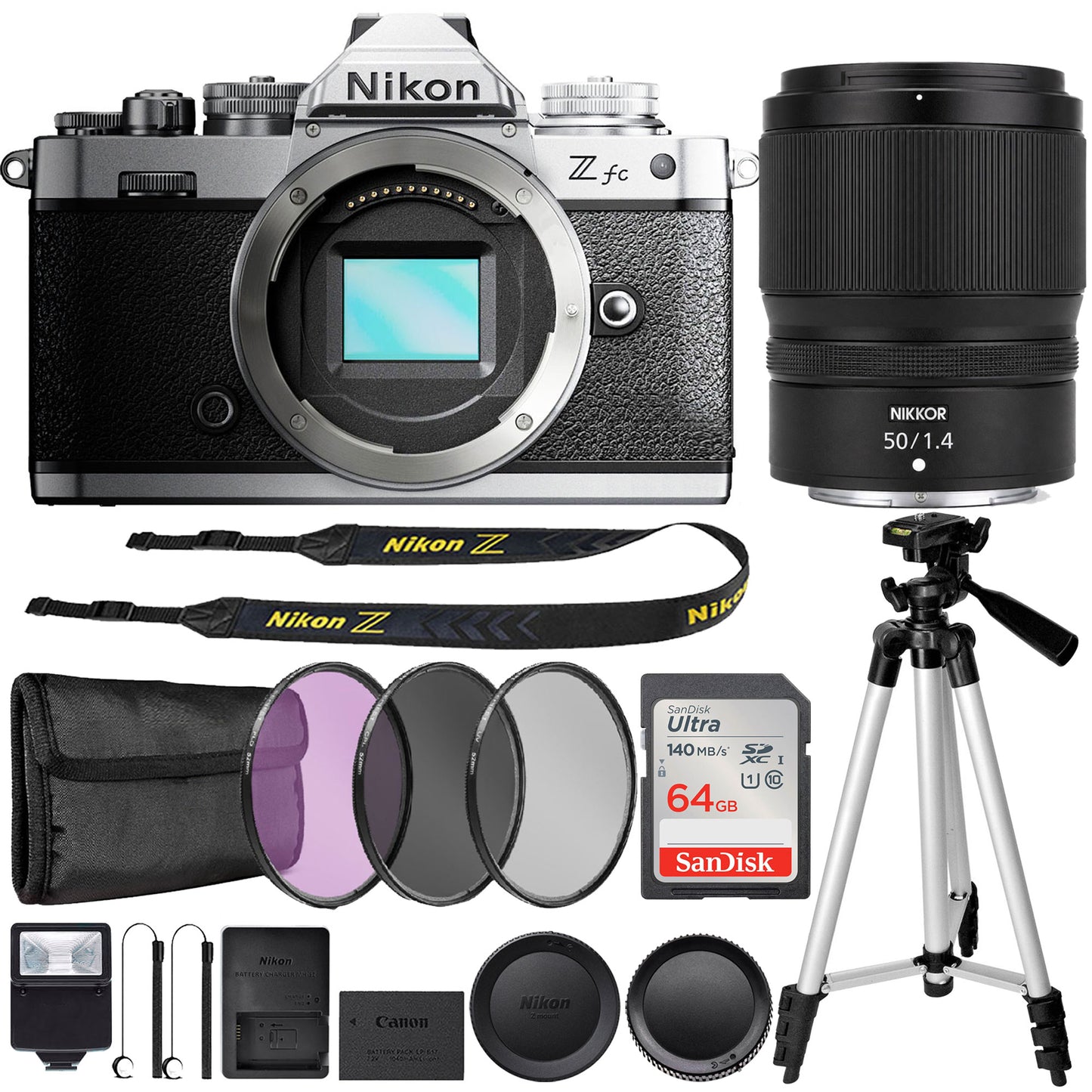 Nikon Z fc Mirrorless Digital Camera + Nikon NIKKOR Z 50mm f/1.4 Lens (Nikon Z Mount) + 64GB Memory Card + 62mm 3pc Filter Kit + Lens Cap Holder (x2) + Slave Flash + Professional Tripod