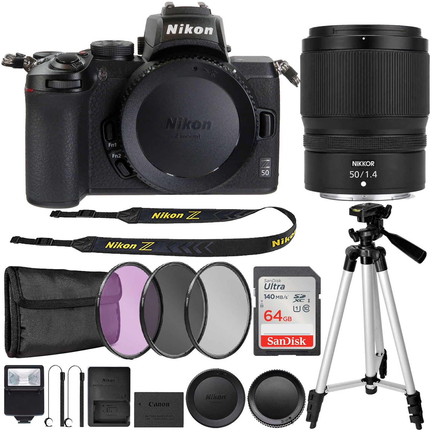 Nikon Z50 Mirrorless Digital Camera + Nikon NIKKOR Z 50mm f/1.4 Lens (Nikon Z Mount) + 64GB Memory Card + 62mm 3pc Filter Kit + Lens Cap Holder (x2) + Slave Flash + Professional Tripod