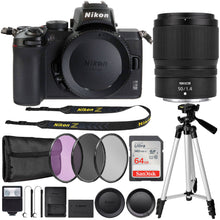 Nikon Z50 Mirrorless Digital Camera + Nikon NIKKOR Z 50mm f/1.4 Lens (Nikon Z Mount) + 64GB Memory Card + 62mm 3pc Filter Kit + Lens Cap Holder (x2) + Slave Flash + Professional Tripod