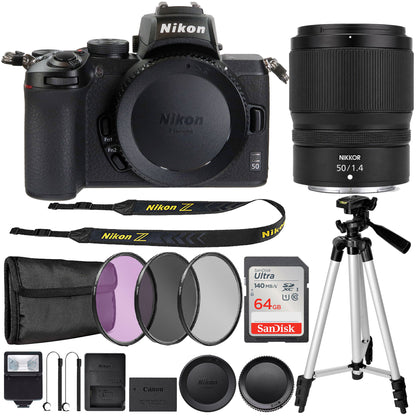 Nikon Z50 Mirrorless Digital Camera + Nikon NIKKOR Z 50mm f/1.4 Lens (Nikon Z Mount) + 64GB Memory Card + 62mm 3pc Filter Kit + Lens Cap Holder (x2) + Slave Flash + Professional Tripod