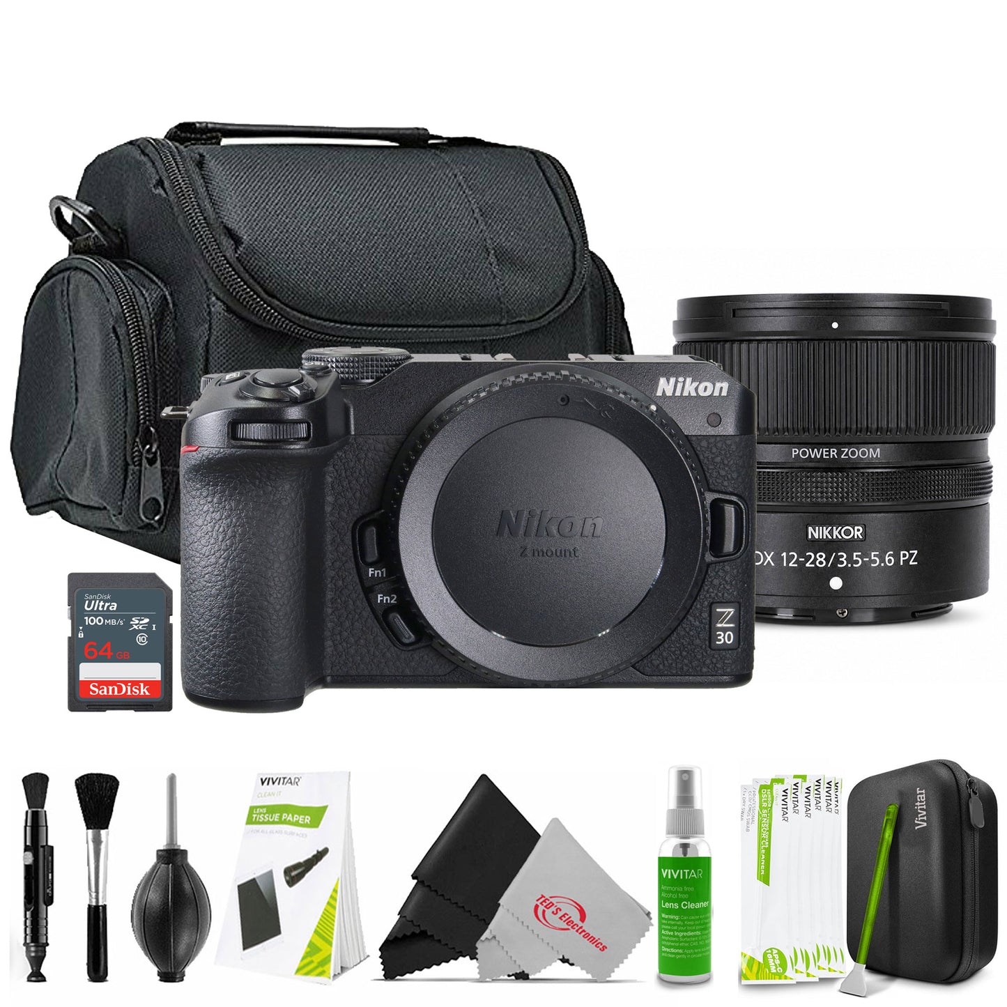 Nikon Z 30 Mirrorless Camera (Black) + Nikon NIKKOR Z DX 12-28mm f/3.5-5.6 PZ VR Lens (Nikon Z) + 64GB Memory Card + Cleaning Kit + Camera Case